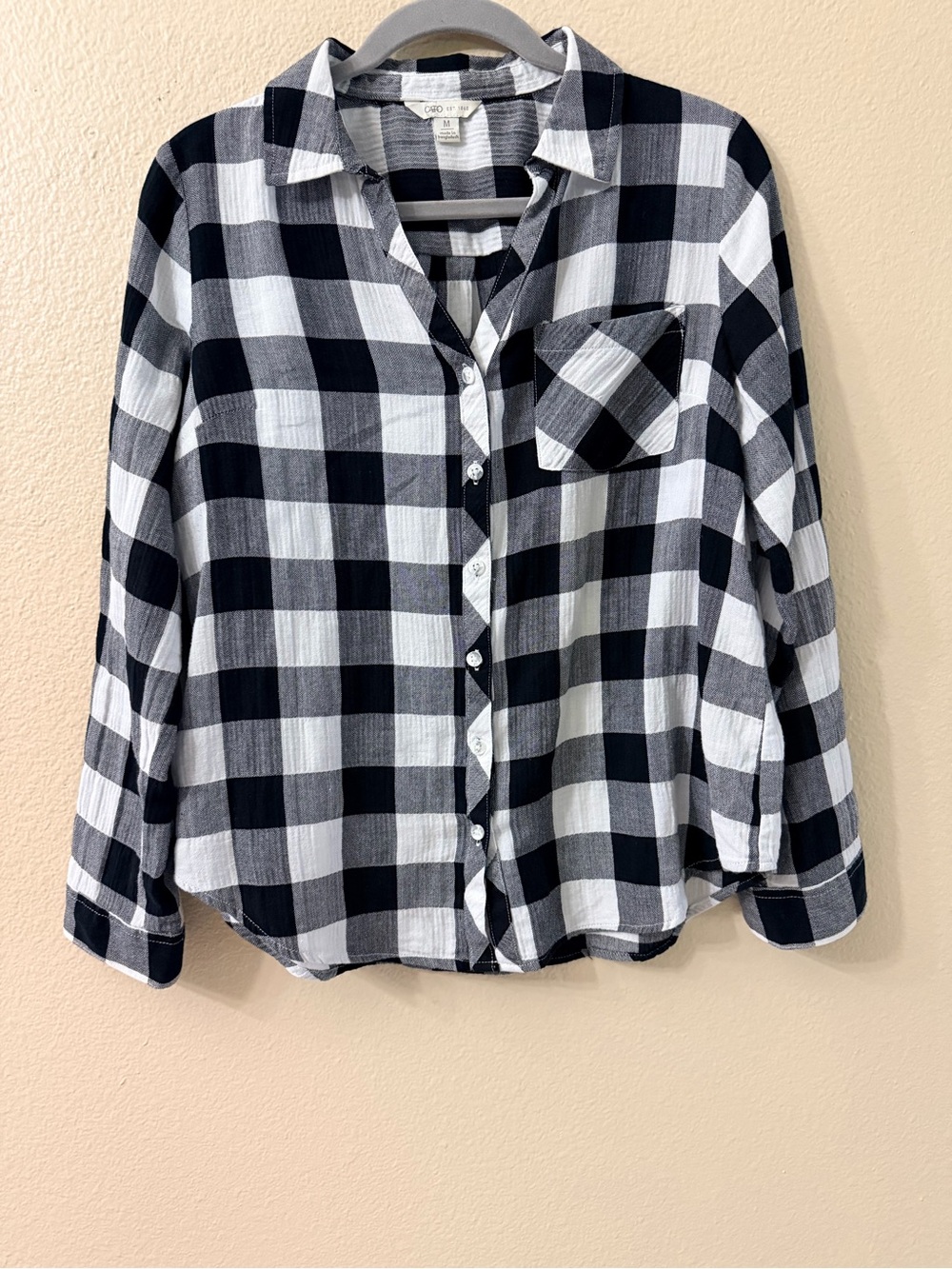 Cato Buffalo Plaid Button Down Shirt Size M Black White Checked Cotton Blend